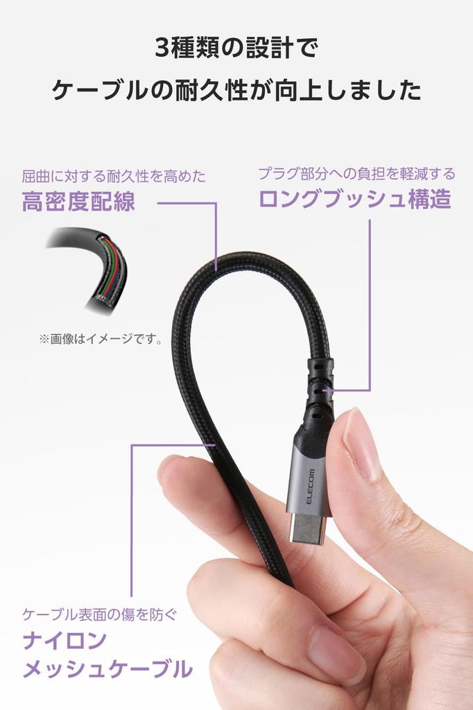 Elecom USB 240W PD Nylon Fast Data Automatic Voltage iPhone Black Type-C Cable, 1.5m, Compatible, Heavy-Duty Mesh, Charging, Communication,