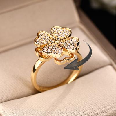  Four Leaf Clover Rotating Anxiety Ring Cubic Zirconia Flower Adjustable Ring for Women Anti-Stress Fidget Jewelry Gift