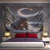Horizontal Tapestry Bear Crescent Moon Snowy Forest River Night, Cold Blue, Wide Wall Decor for Adult Living Room Bedroom Gift