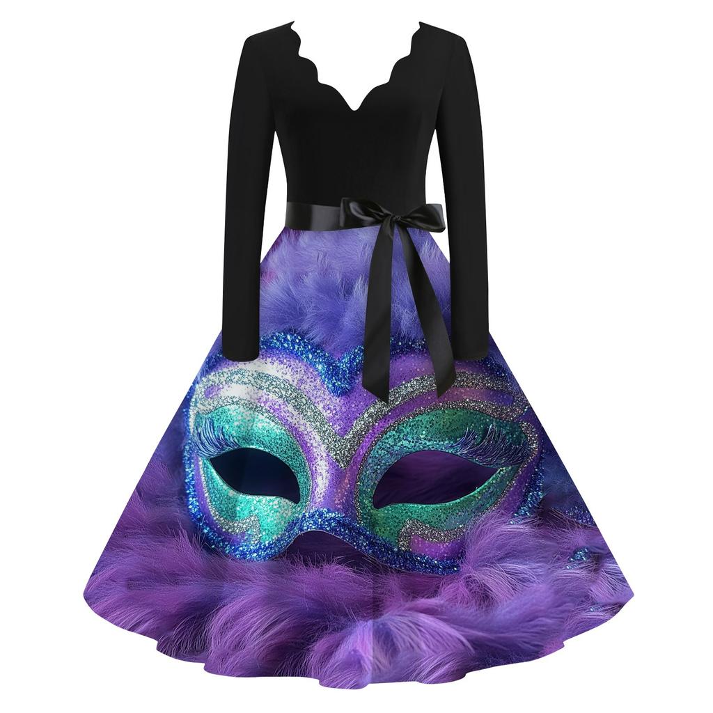 Women's Casual Fashion V-Neck Long Sleeve Carnival Print Vintage  Dress