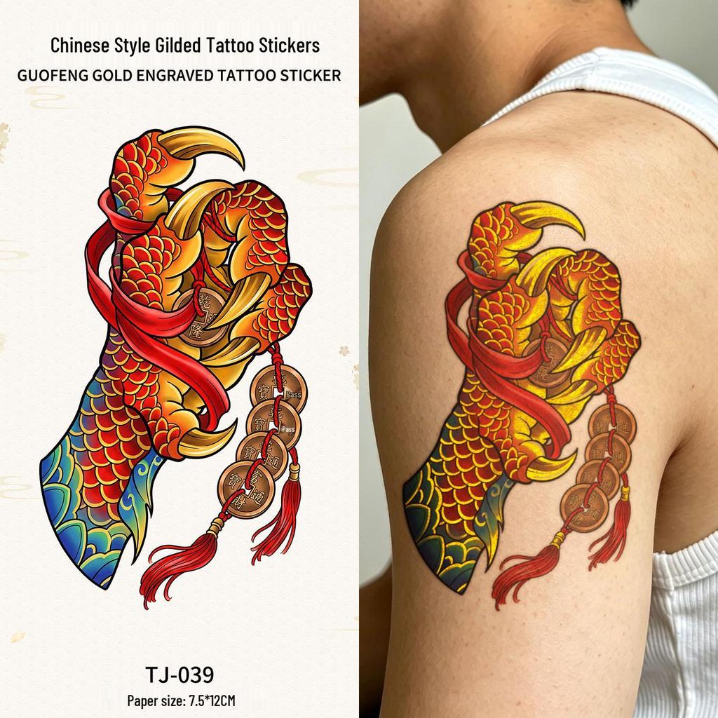 Chinese Style Waterproof Phoenix & Koi Tattoo Sticker - Long-lasting, Aesthetic Dunhuang Design for Arm & Collarbone
