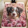 Australian Shepherd and Roses,pattern Flannel Blanket, High quality Comfortable for All Seasons, Home Decor, Warmth and Comfort, Perfect for Gifts.