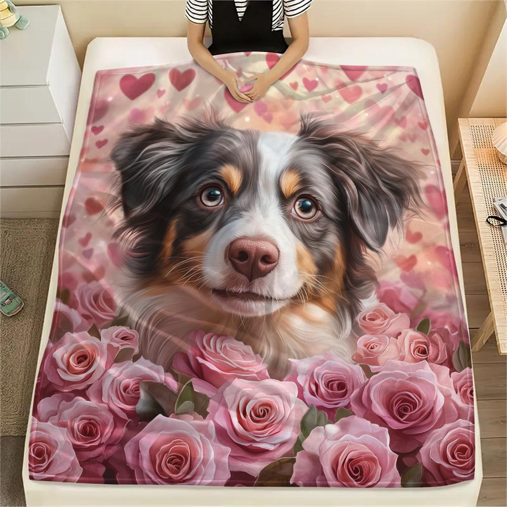 Australian Shepherd and Roses,pattern Flannel Blanket, High quality Comfortable for All Seasons, Home Decor, Warmth and Comfort, Perfect for Gifts.