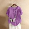 Summer Oversized Cotton and Linen Short-sleeved T-shirt, Cotton and Linen Butterfly Flower Printed Oversized Women's Clothing