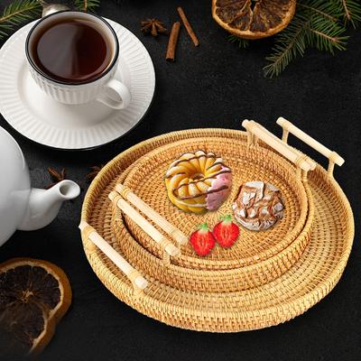 Handgewebtes Rattan-Ablagetablett, Serviertablett, Obstkuchen, Weidenkorb mit Griff, Frühstücksbrot, Lebensmittelteller