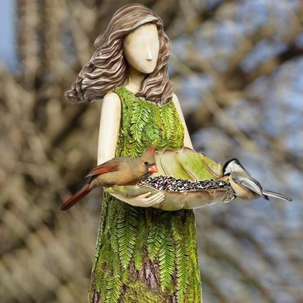 Fairy Garden Statue with Bird Feeder Lawn Resin Ornaments Garden Art Sculptures for Outdoor