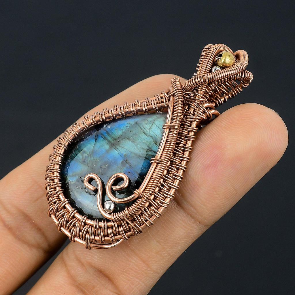 Labradorite Pendant, Handmade Gemstone 999 Copper Wire Wrapped Pendant Antique Jewelry, For Gift Silver Jewelry