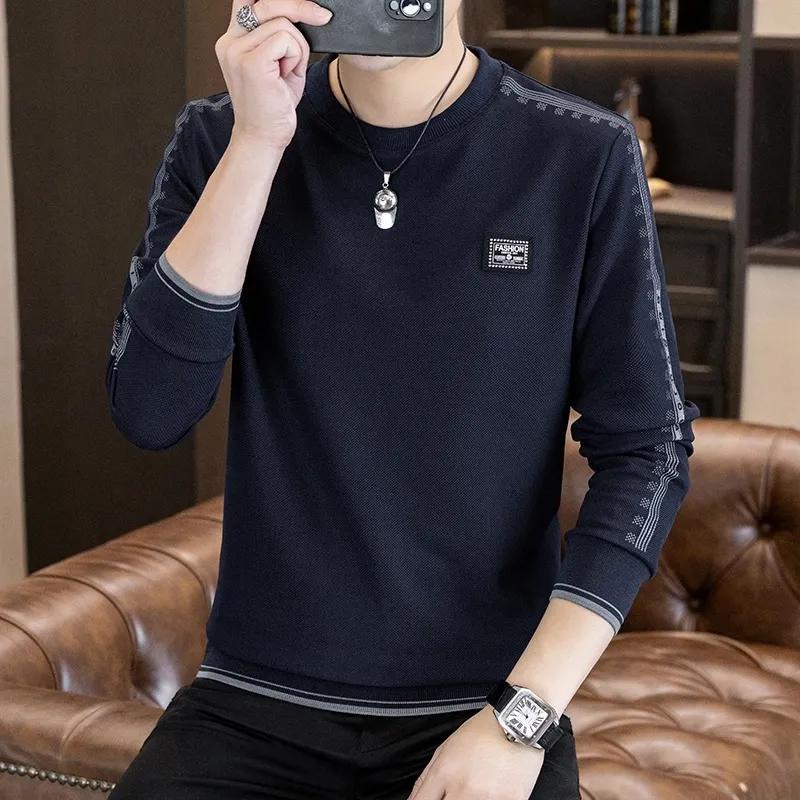 Fashionable Letter Patch Designs T-shirts Autumn New Casual Striped Men's Clothing Long Sleeve Basic Round Neck Korean Pullovers