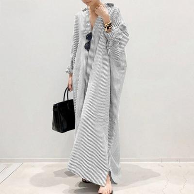Vestido feminino primavera tipo camisa listrada estampa lapela manga comprida solta trespassado bainha dividida plus size macio respirável senhora vestido longo