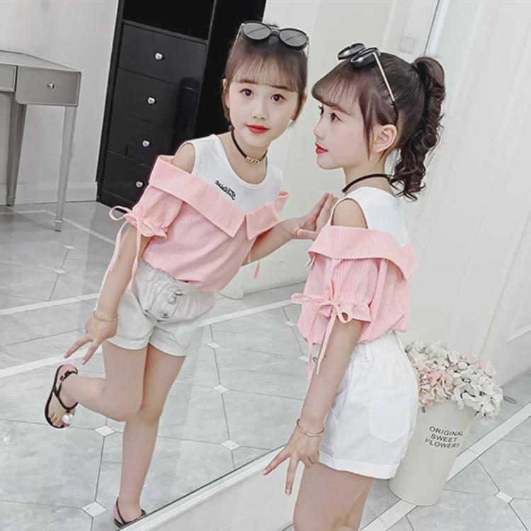 2025 Summer Girls' Two-Piece Suit: Off-Shoulder Tops & Shorts for Kids