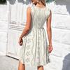 Abito da donna casual alla moda sexy con scollo a V, decorazione a bottoni, senza maniche, da spiaggia stampato, con boutonniere