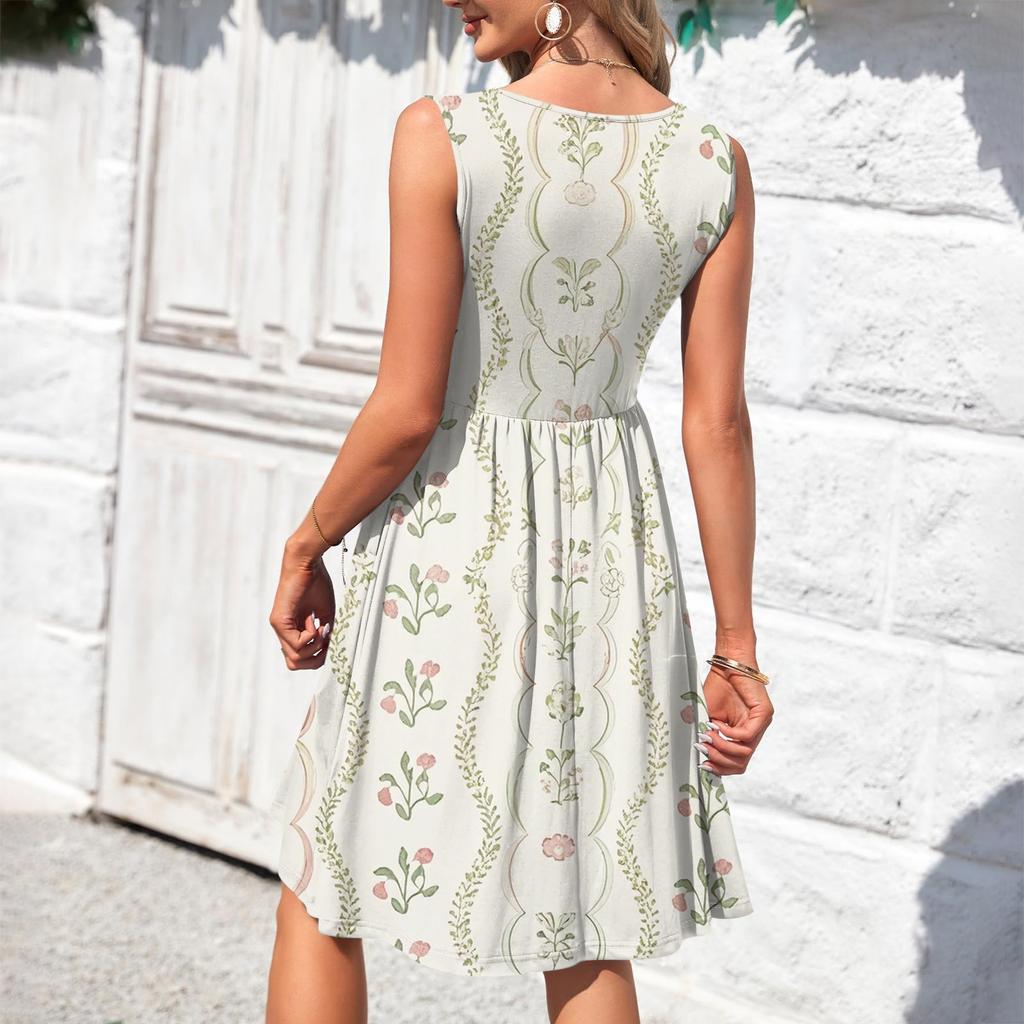 Abito da donna casual alla moda sexy con scollo a V, decorazione a bottoni, senza maniche, da spiaggia stampato, con boutonniere