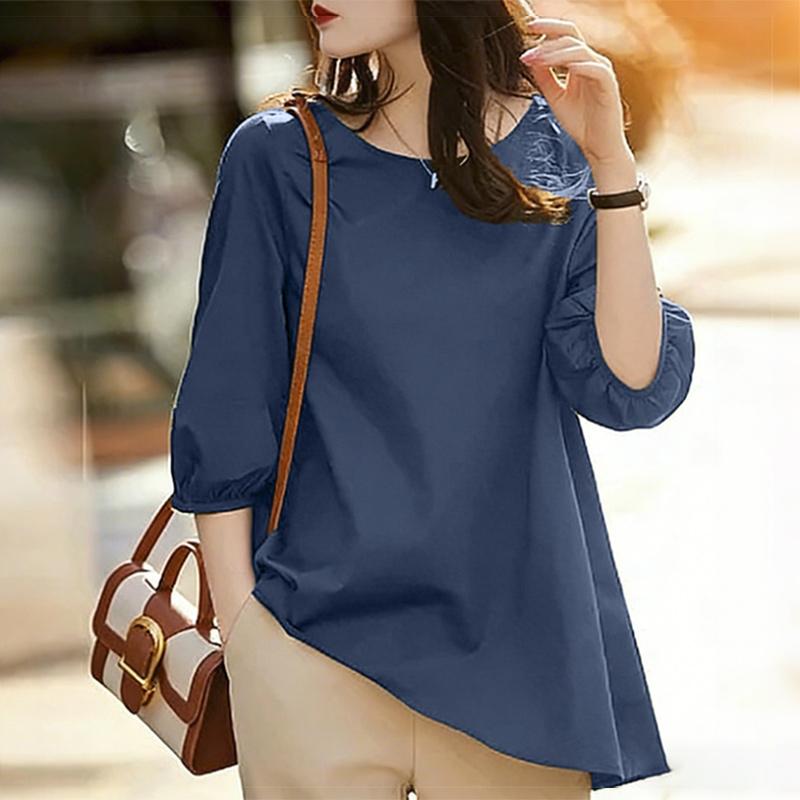 ZANZEA Women Casual Round Neck 3/4 Sleeve Loose Irregular Blouse
