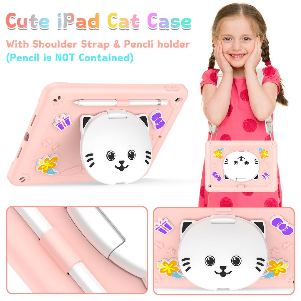 For iPad 10.2 (2021)/(2020)/(2019) Case PC + Silicone Tablet Cover with Cat Kickstand/Shoulder Strap