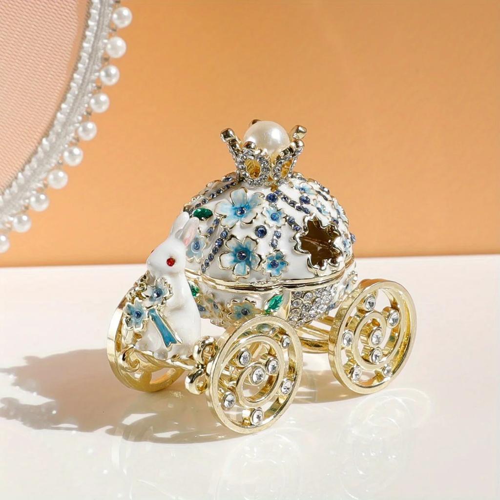 1pc Pink Cherry Blossom Rabbit Carriage Jewelry Box Enamel Craft Alloy Box Small Gift Ornament