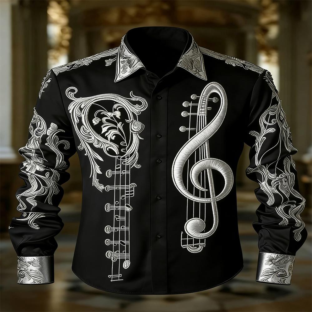Men's Retro Botanical Musical Note Printcasual Long-sleeved Shirt, High-end Luxury, Suitablefor Parties and Dances.
