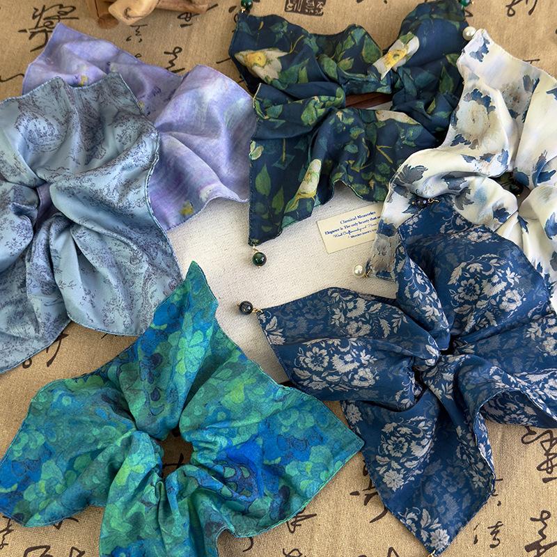 French Style Stain Scrunchies Ponytail Holder Rubber Bands Pearl Square Hair Rope Ties Elastic Hair Bands Women Hair Accessories