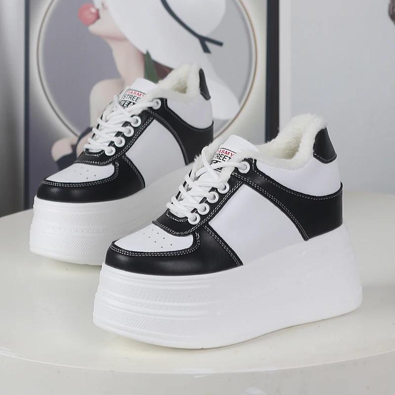 Fashion 12CM Genuine Leather Thick Sole Hidden Heel Fashion Vulcanize Ankle Booties Winter Plush Autumn Spring Shoes