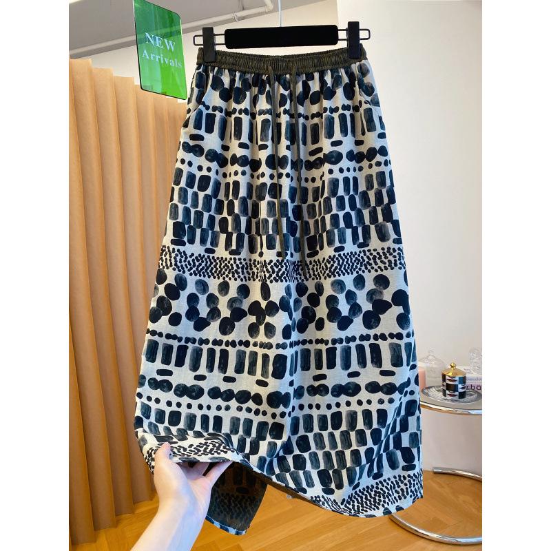 Women s Retro Print Lyocell Linen Skirt - Summer 2026 Casual Lightweight Straight Skirt L