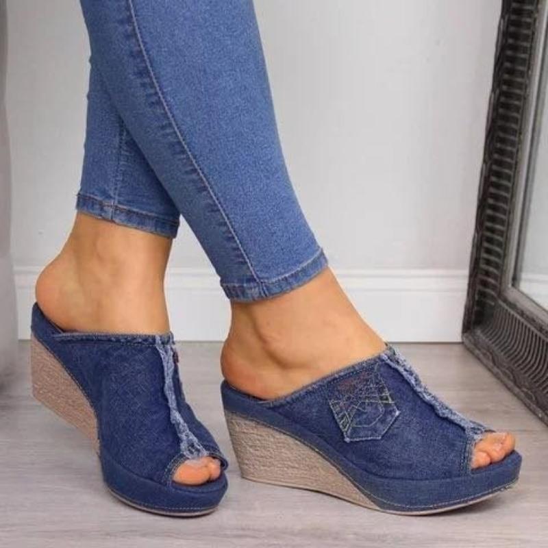 Sandali da Donna in Denim Pantofole Sandali con Zeppa Estivi Donna Bocca di Pesce Zeppe con Tacco Alto