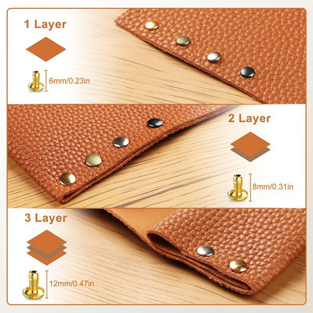 480 Sets Leather Rivets Double Caps Rivet Tubular Metal Studs with 3 Setting Tools Hammer for Leather Craft Repair