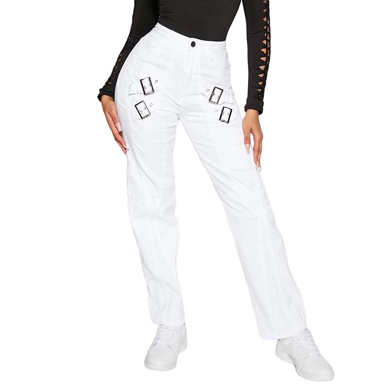 

2023 Women s High Elastic Washed Iron Buckle Long Pants M белый