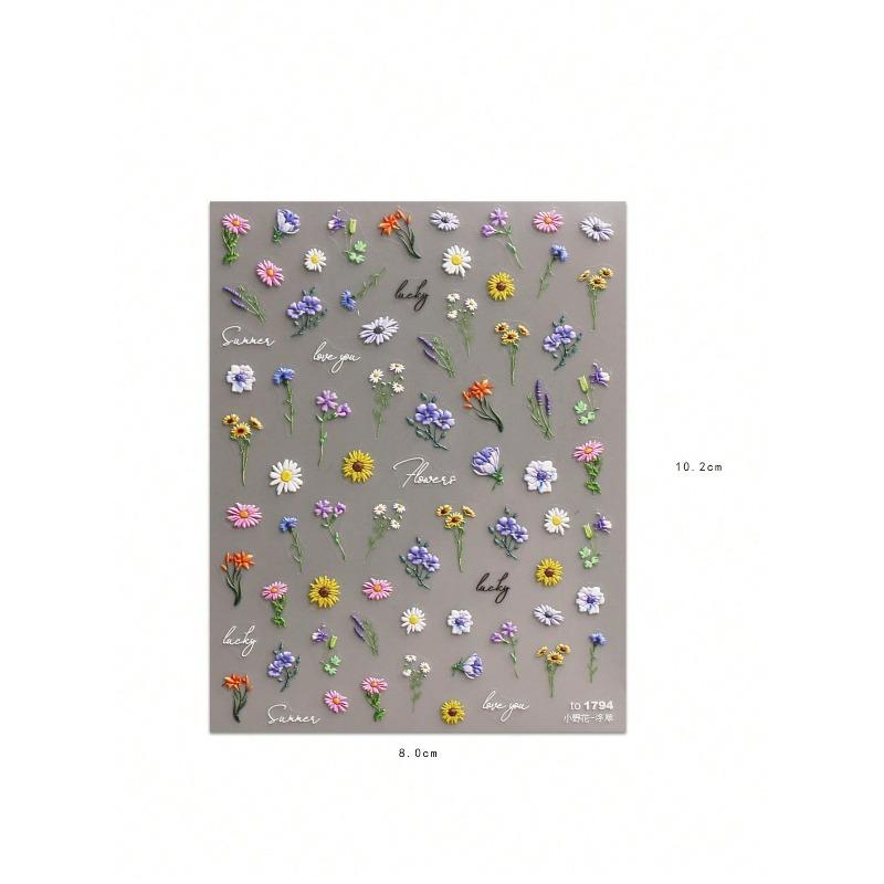 1pc Spring & Summer Floral Embossed Nail Art Stickers, 5D Adhesive Nail Decorations For Acrylic Nails, Women & Girls Nail Art Supplies