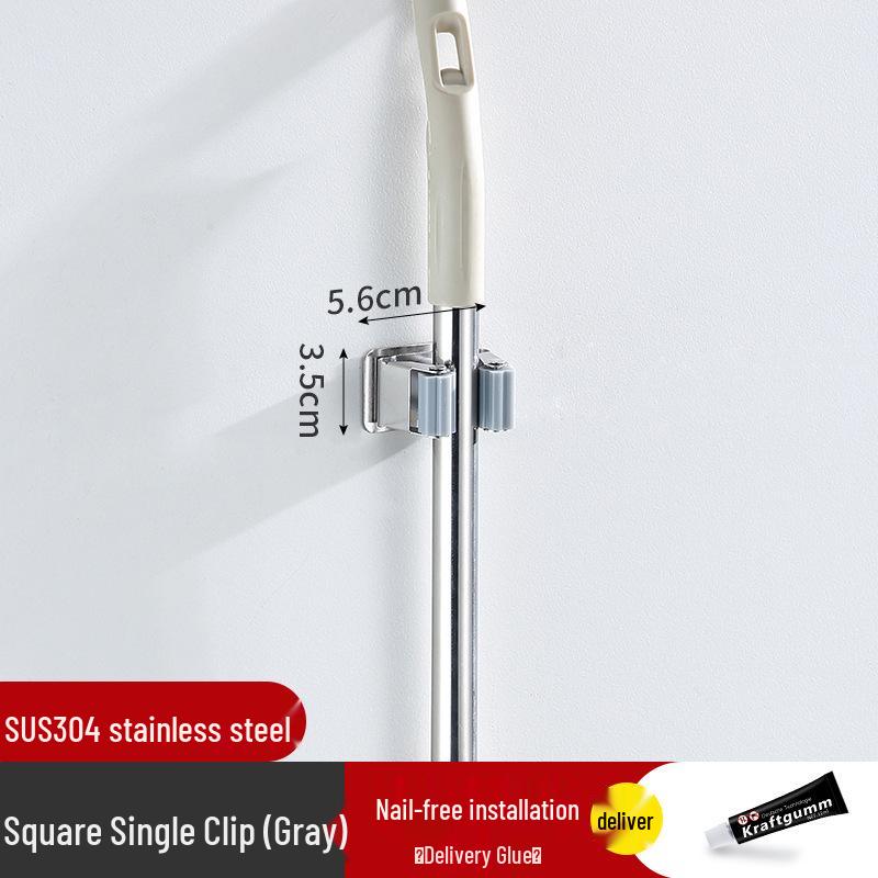 No-Drill 304 Stainless Steel Bathroom Wall-Mount Mop and Broom Holder