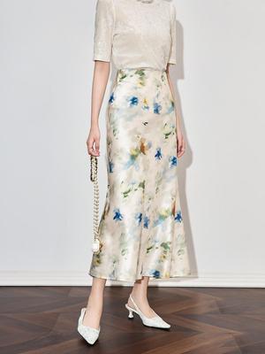 Elegant High-Waist Satin Midi Skirt with Draped Printed Design
