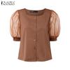 ZANZEA Women Casual Square Neck Mesh Patchwork Half Sleeve Blouse