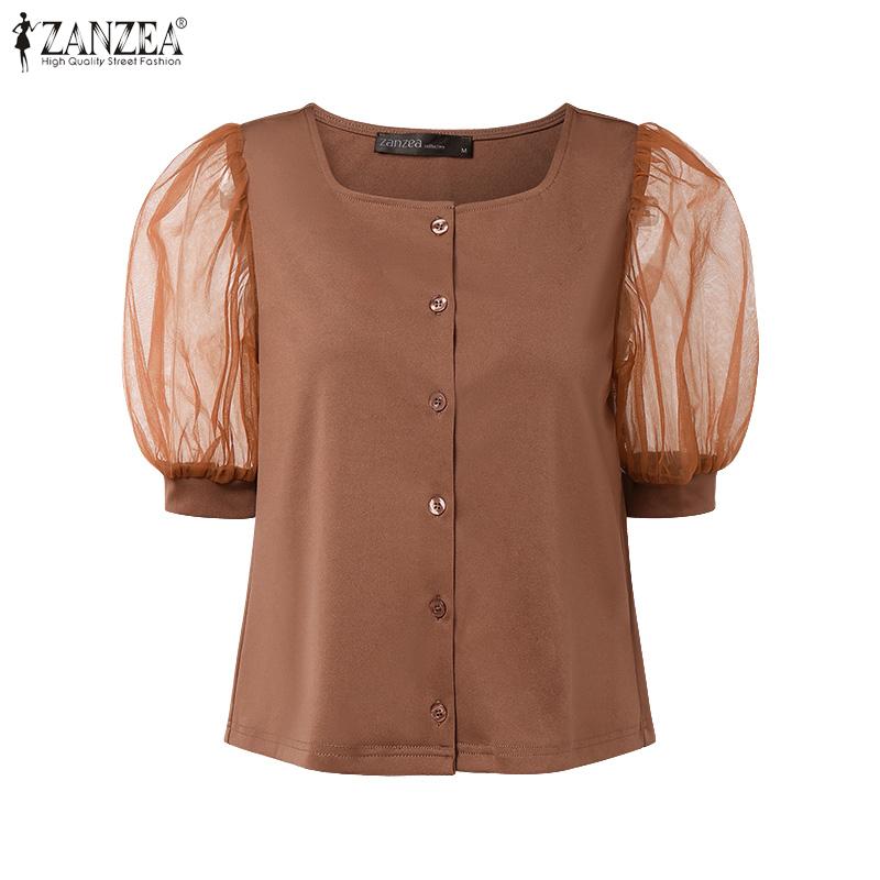 ZANZEA Women Casual Square Neck Mesh Patchwork Half Sleeve Blouse