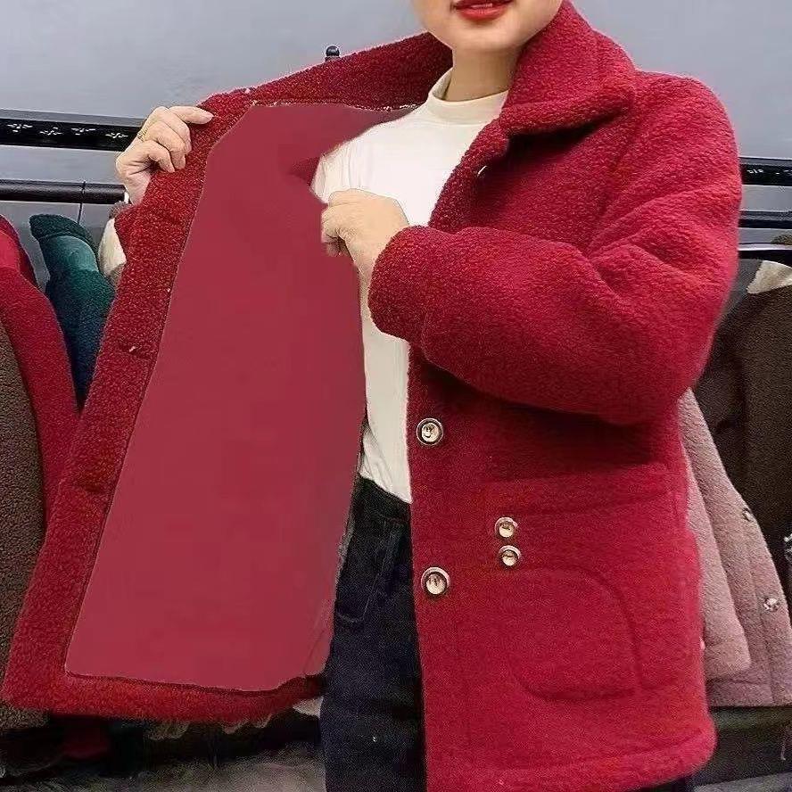 Mid-Length Fleece-Lined Faux Lamb Wool Women's Warm Coat