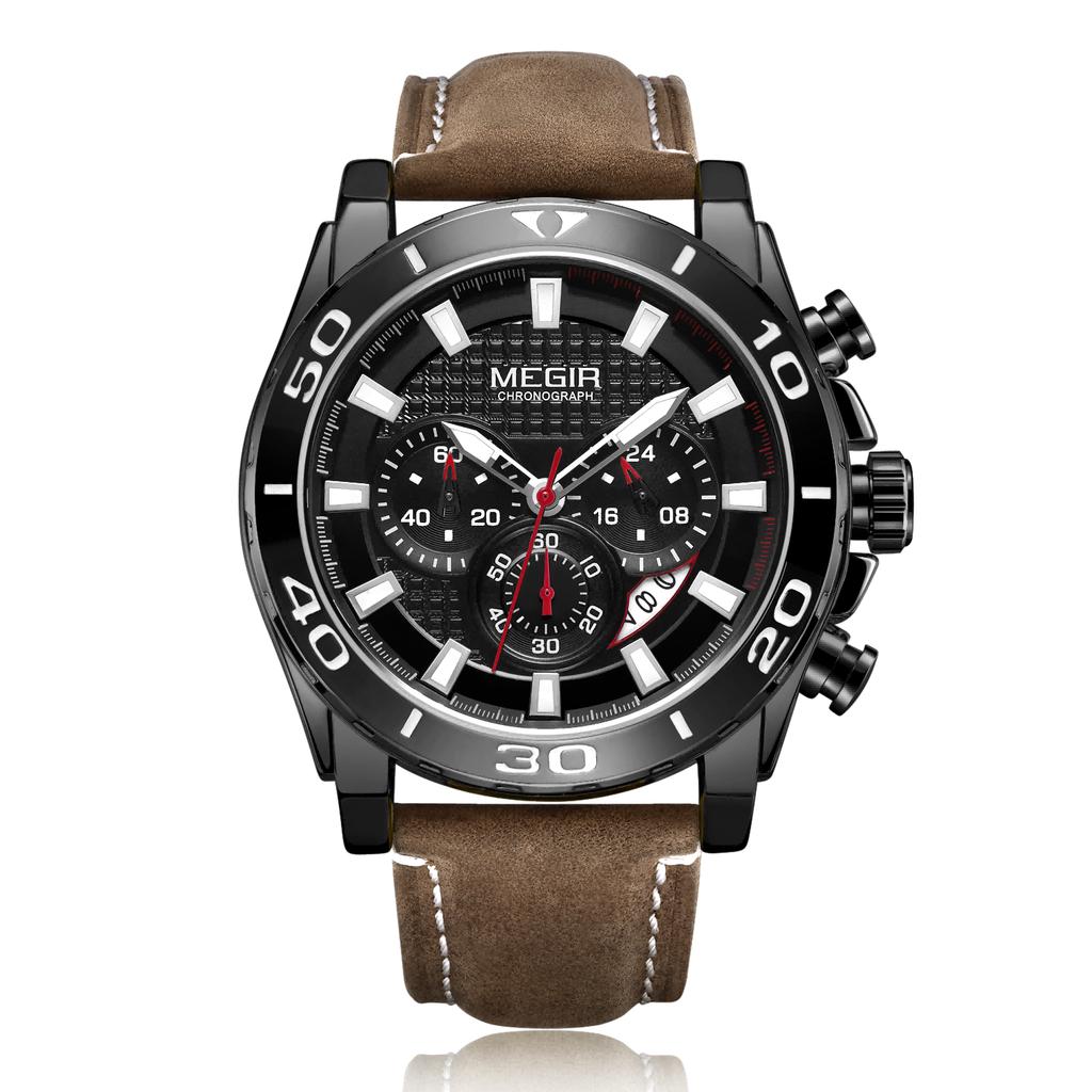 Men's Chronograph Quartz Sport Watch Waterproof Wristwatch with Leather Strap Rotating Bezel Alloy Case and Date Window
