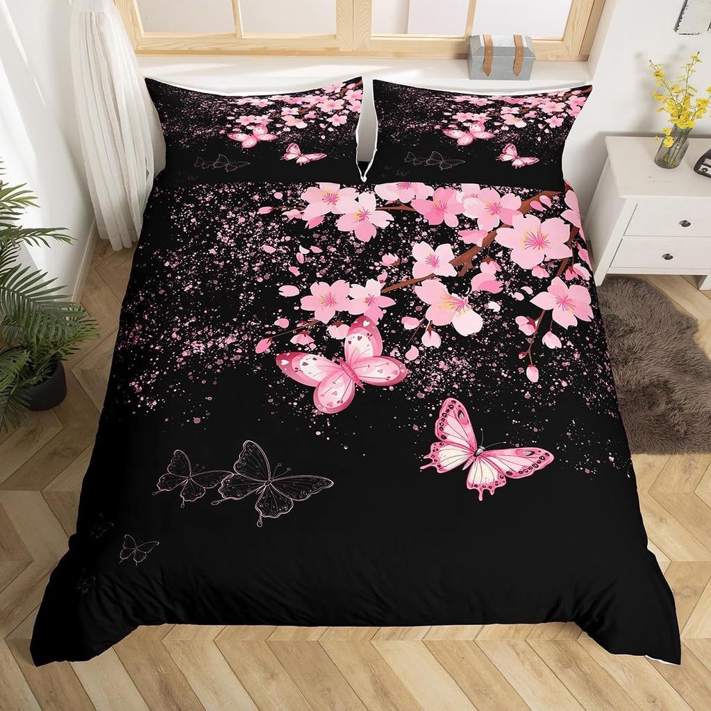 Pink Cherry Blossom Duvet Cover Twin King,Japanese Flowers Blossoms Romantic Floral Bedding Set,Farmhouse Petals Comforter Cover
