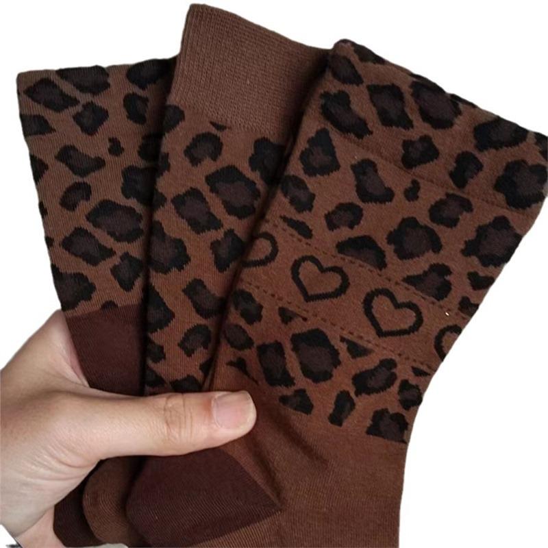 Zhiji Autumn/Winter Leopard Print Coffee Mid-Calf Socks: Trendy & Versatile Korean Fashion for Women