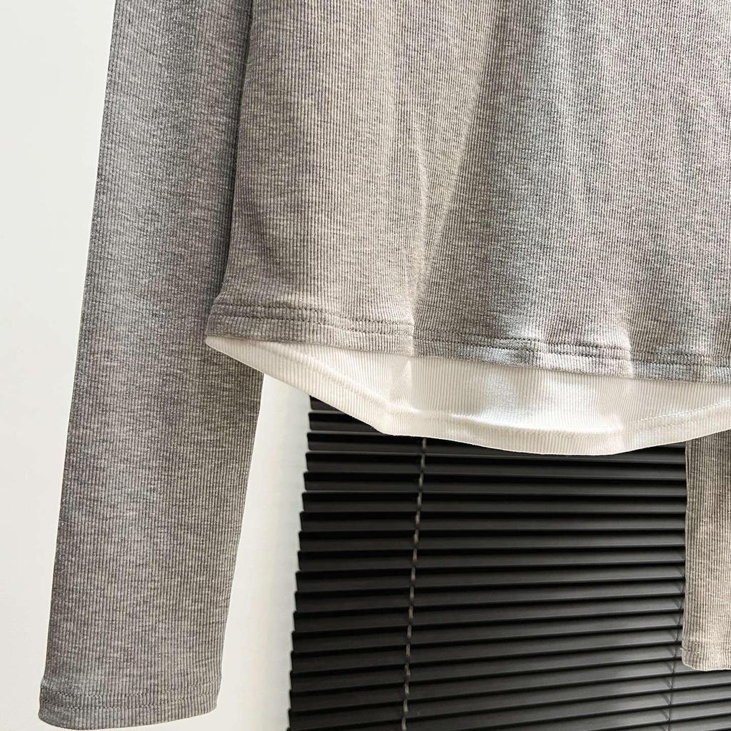 Color-block Women's Long-Sleeve Faux Two-Piece Slim Top for Spring, Autumn, and Winter