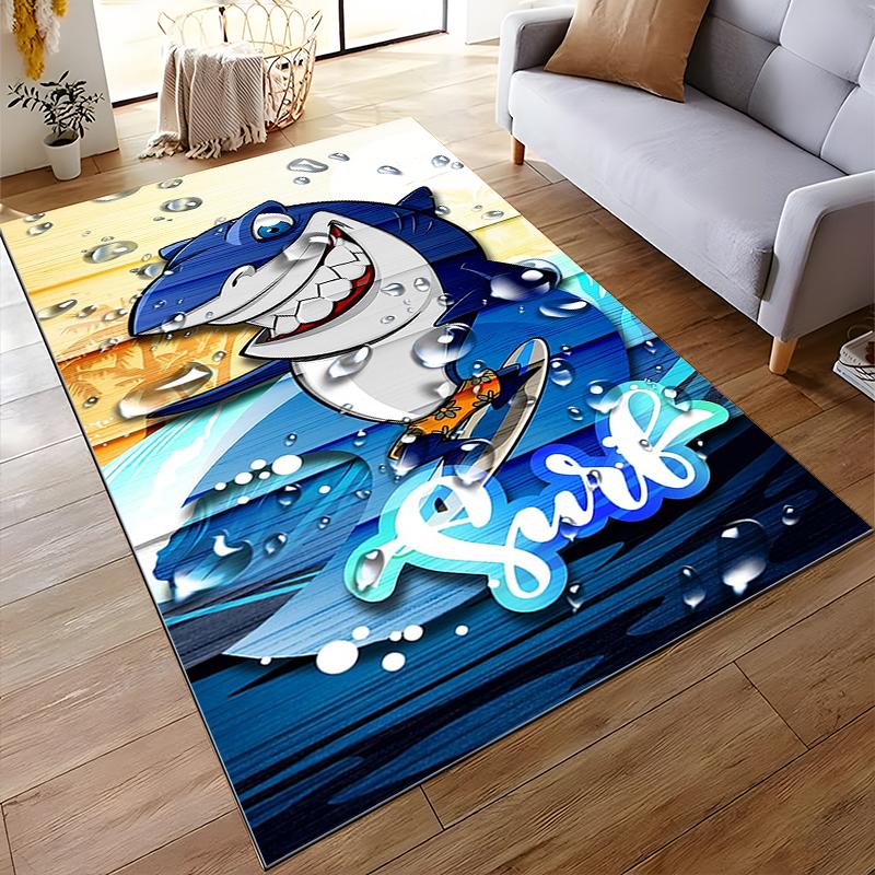 Blue Cartoon Shark Surfing Theme Carpet with Ocean Wave Design Suitable for use as an anti-slip for living room bedroom sofas