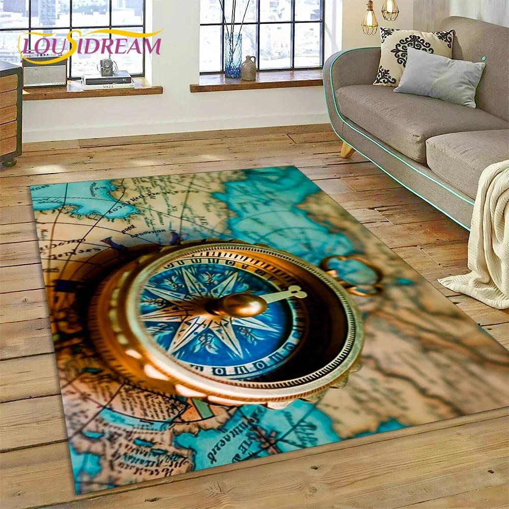 3D Oude Zeekaart Wereldkaart Kompas Tapijt Tapijt voor Slaapkamer Woonkamer Bank Decoratie, Kinderspel Grote Decoratieve Vloermat