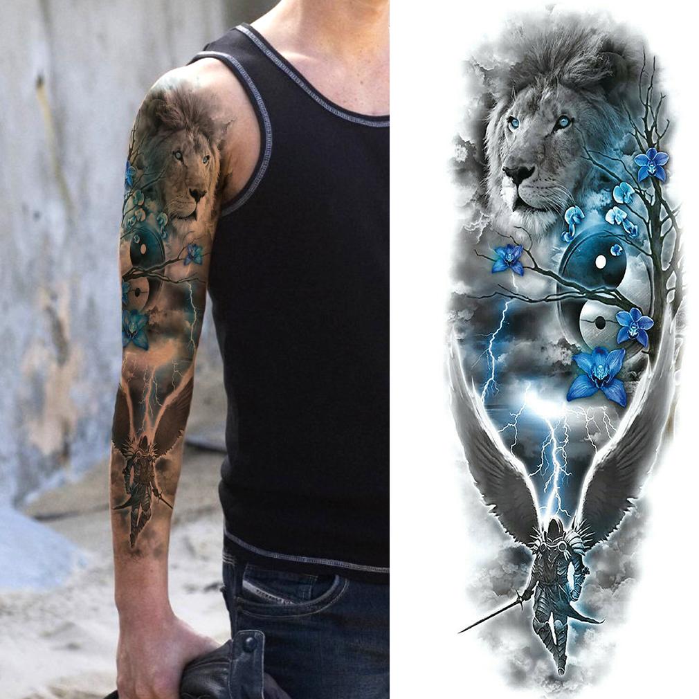 1 Sheet Long Sleeve Temporary Tattoos For Men Women Flower Skull Lion Wolf Tiger Nun Fox Compass Tattoo Sticker Body Art Arm Leg
