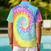Women Short Sleeve Shirt Red Purple Cyan Spiral Tie Dye Print Lapel Button Up Top