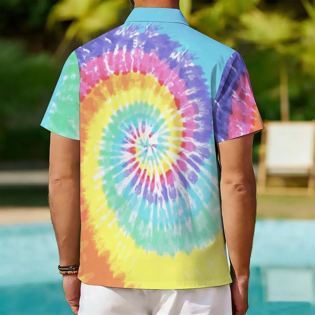 Women Short Sleeve Shirt Red Purple Cyan Spiral Tie Dye Print Lapel Button Up Top
