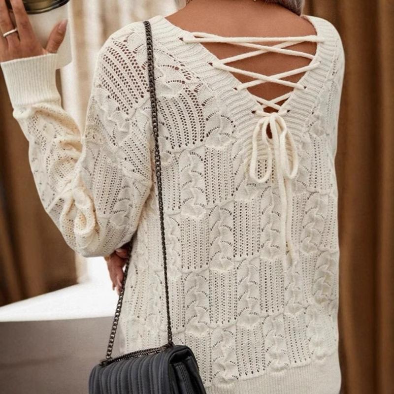 Fashion Women's Sweater, European and American Foreign Trade V-neck Back Hollow Lace-up Knitted Versatile Top Women