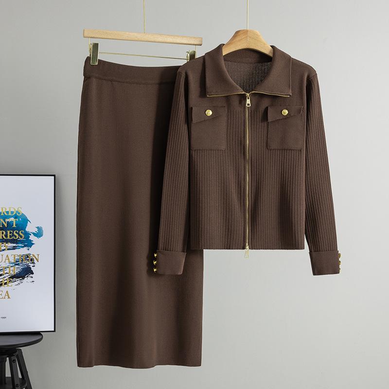 

Women s Polo Collar Zipper Cardigan & Knit Skirt Two-Piece Set - Spring/Autumn Fashion. One Size кофейный