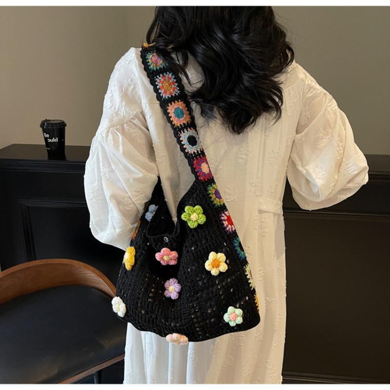 Women'S Crochet Bag Designer Flowers Knitted Handbags Large Capacity Summer Beach Woven Shoulder Bag Girls Tote Shopper Bag