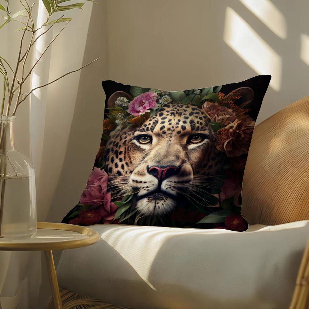 Leopard With Wreath Animals Cushion Cover Soft Short Plush Pillow Cover Smooth Cozy Texture Aesthetic Cushion Case Home Decor