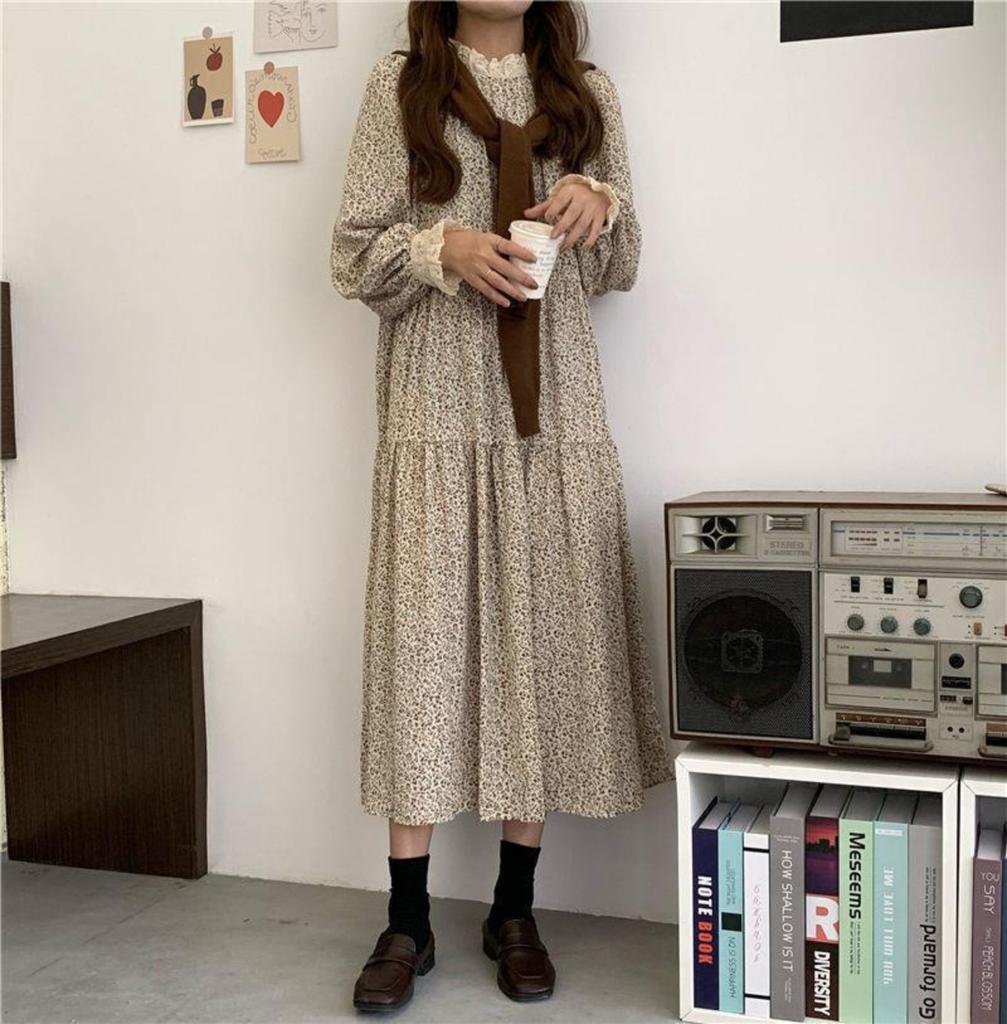 Long Sleeve Midi Dress For Women, Casual Smocked Vintage Midi Dresses, Fall Floral Wedding Guest Dress