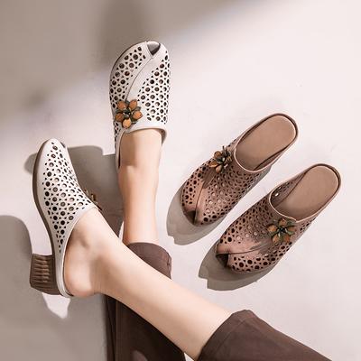 Puste, oddychające kapcie oryginalne skórzane grube obcasy buty damskie Retro Peep Toe slajdy