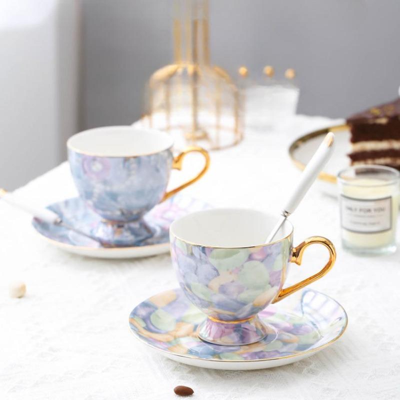 European Style Pearl Textured Ceramic Coffee Cup Office Light Luxury Mug Golden Edged Afternoon Tea Cups Household Drinkware