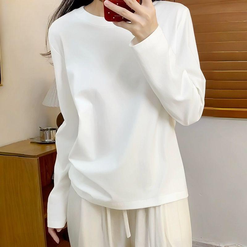 Cotton Round Neck Long Sleeve T-shirt Womens Autumn Fashion Basic White Top Loose Fit Casual Tee