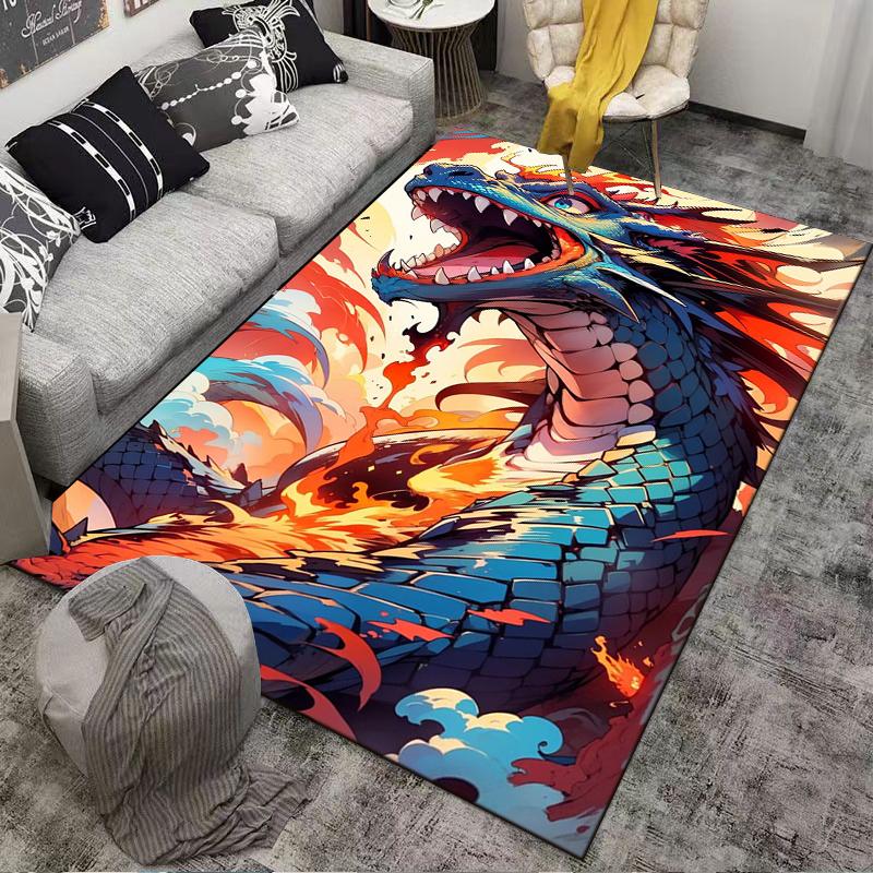 Fiery Blue Dragon Design Rug with Bold Colors for Home Decor Suitable for use as an anti-slip for living room bedroom sofas